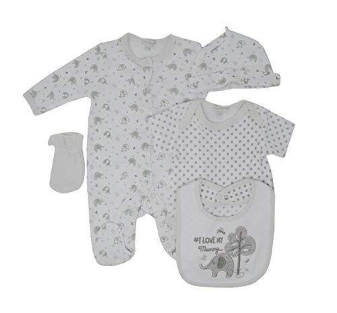 Unisex Baby Boys Girls 5 pcs Gift Set Bodyvest Babygrow Hat Mittens and Bib Sleepsuit Newborn-3-6 mths (3-6 Months, Colour 1)