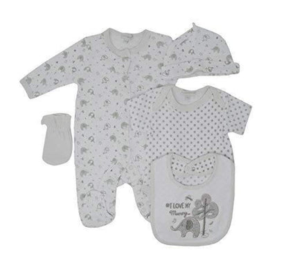 Unisex Baby Boys Girls 5 pcs Gift Set Bodyvest Babygrow Hat Mittens and Bib Sleepsuit Newborn-3-6 mths (3-6 Months, Colour 1)