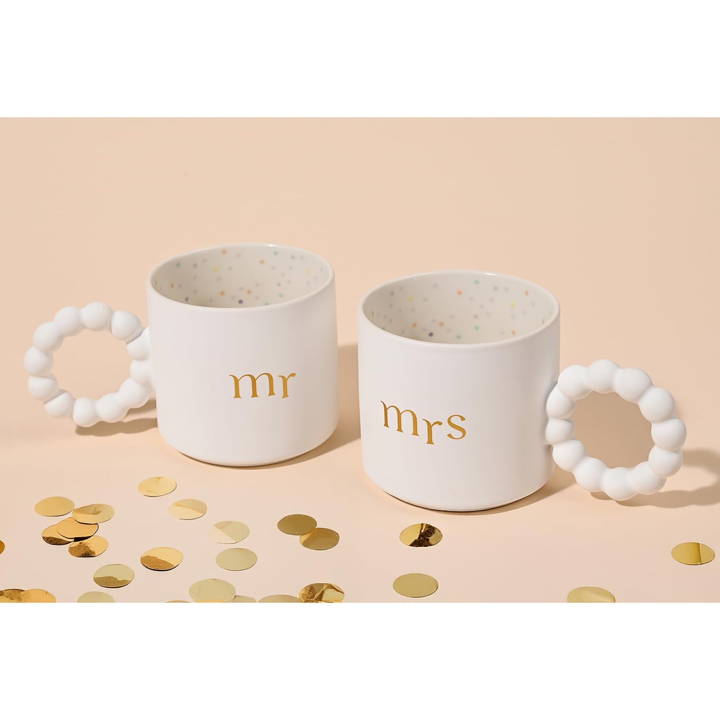 Widdop and Co Celebrations Confetti Mr & Mrs Birthday/Milestone/Wedding/Anniversary Set of 2 Mugs - White Ceramic Cups Gold Design & Unique Handle - Gift for Him or Her - 330ml / 11.15oz.