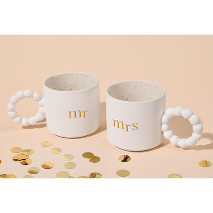 Widdop and Co Celebrations Confetti Mr & Mrs Birthday/Milestone/Wedding/Anniversary Set of 2 Mugs - White Ceramic Cups Gold Design & Unique Handle - Gift for Him or Her - 330ml / 11.15oz.