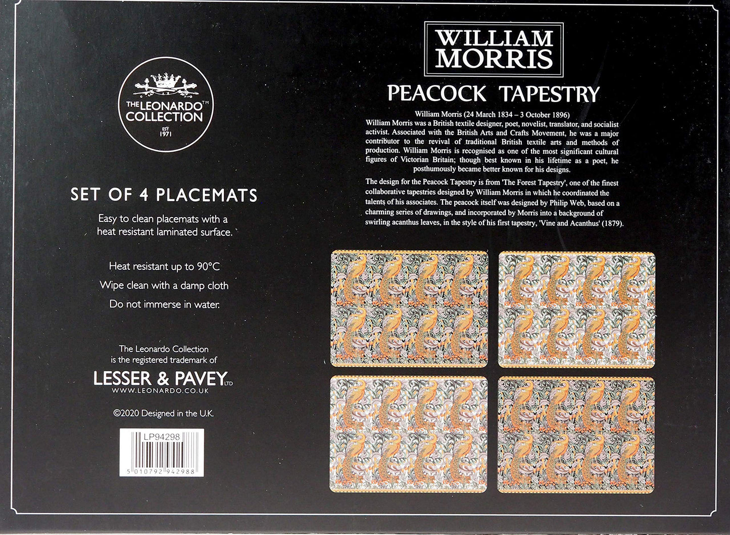 LEONARDO Set of 4 William Morris Peacock Tapestry Cork Backed Place Mats Table Mats