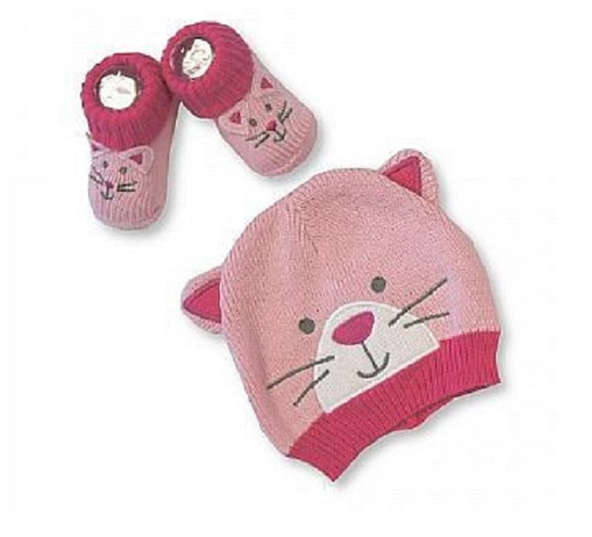 Nursery Time Baby, Boys, Girls, Knitted Hat and Booties Set Pink Cat Sky Blue Dog 100% Cotton (Embroidered) (Pink Cat)