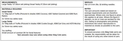 King Cole Truffle Knitting Pattern to knit Small or Large Teddy Bear Toy (9134)