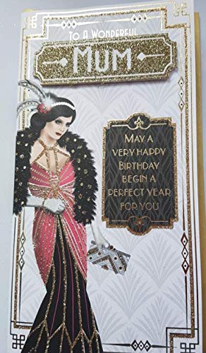 Art Deco Lady - Wonderful Mum - Glittered Slim Birthday Card