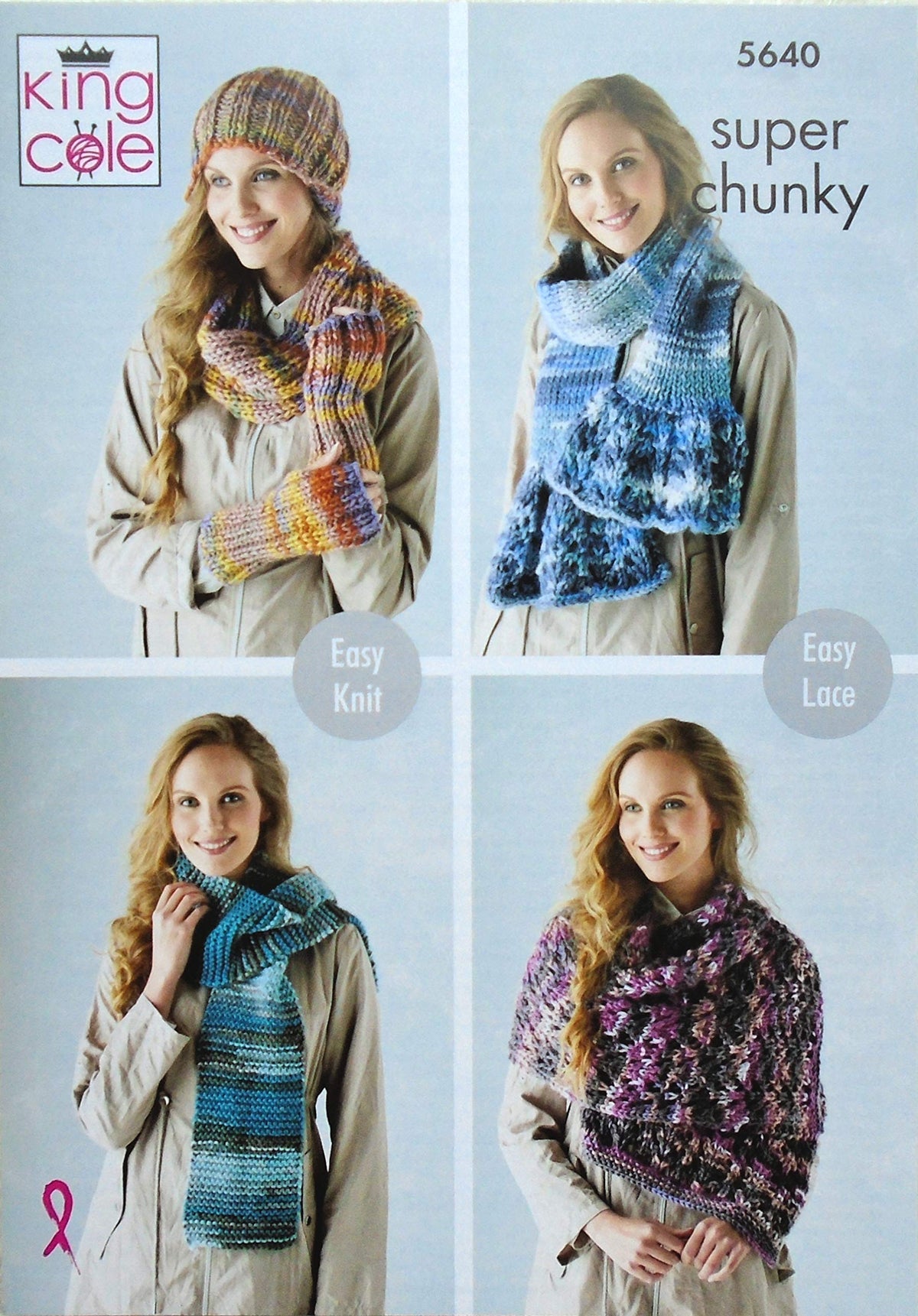 Knitting Pattern Womens Easy Knit Hat Cowl Wristwarmers Scarves Lace Wrap and Poncho in Quartz Super Chunky King Cole 5640