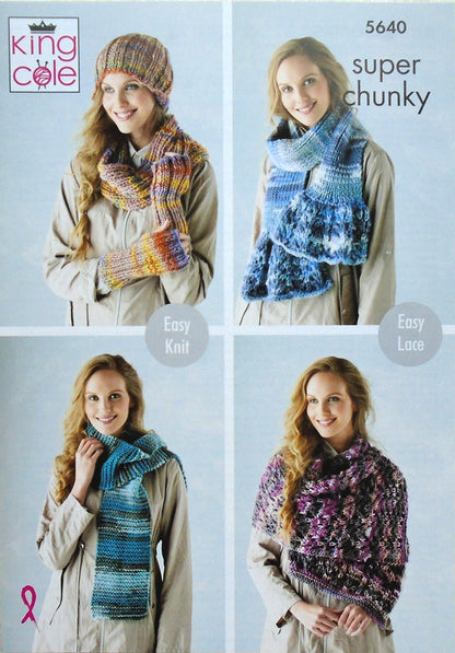 Knitting Pattern Womens Easy Knit Hat Cowl Wristwarmers Scarves Lace Wrap and Poncho in Quartz Super Chunky King Cole 5640