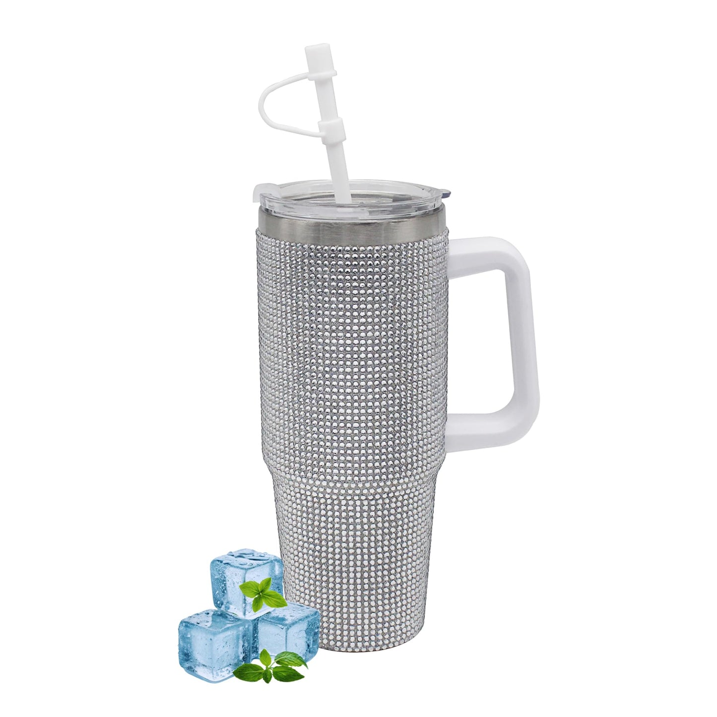 Lesser & Pavey Thirsteez Silver Diamante Drinks Cup for Hot Or Cold Drinks | Large Thermal Travel Mug with Lid & Straw for Office, Gym, Home Or Travel | Insulated Tumbler Coffee Cups for Daily Use