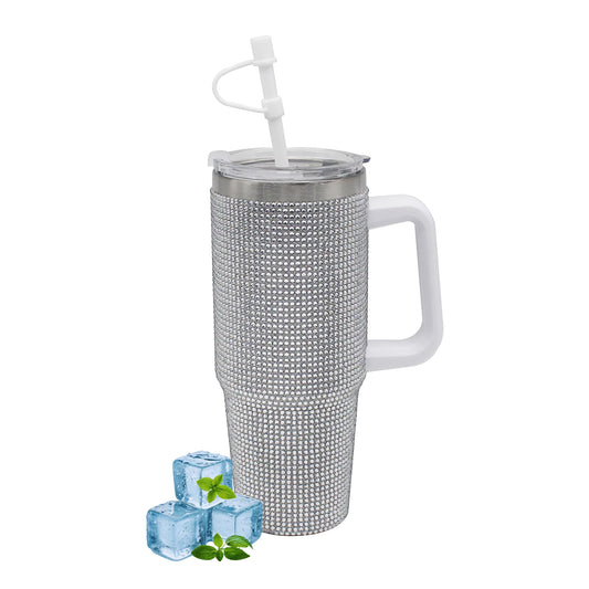 Lesser & Pavey Thirsteez Silver Diamante Drinks Cup for Hot Or Cold Drinks | Large Thermal Travel Mug with Lid & Straw for Office, Gym, Home Or Travel | Insulated Tumbler Coffee Cups for Daily Use