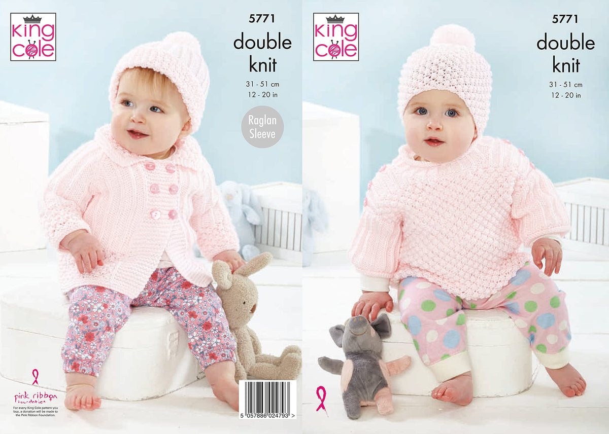 King Cole Baby DK Double Knit Knitting Pattern for Raglan Coat Top & Hats (5771)