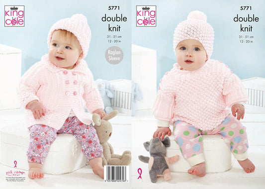 King Cole Baby DK Double Knit Knitting Pattern for Raglan Coat Top & Hats (5771)