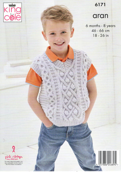 King Cole Aran Knitting Pattern - 6171 Boy's Sweater & Tank Top (2 Designs)