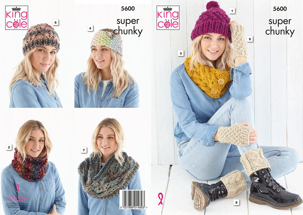 King Cole 5600 Knitting Pattern Womens Accessories in Explorer and Timeless Super Chunky