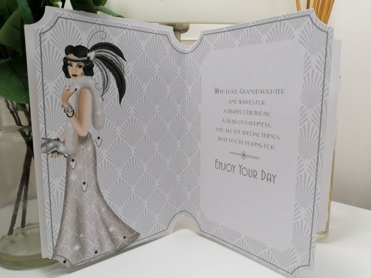 Art Deco 1920's Flapper Lady - Granddaughter - Glittered Silver Birthday Card