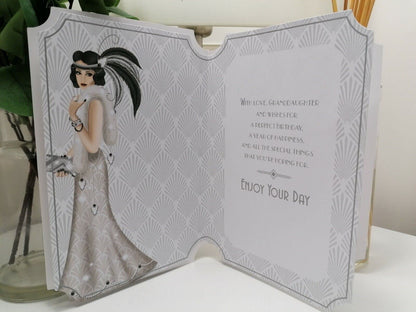 Art Deco 1920's Flapper Lady - Granddaughter - Glittered Silver Birthday Card