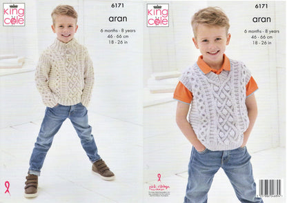 King Cole Aran Knitting Pattern - 6171 Boy's Sweater & Tank Top (2 Designs)