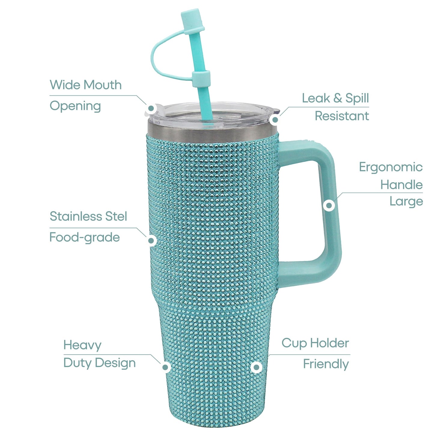 Lesser & Pavey Thirsteez Teal Diamante Drinks Cup for Hot Or Cold Drinks | Large Thermal Travel Mug with Lid & Straw for Office, Gym, Home Or Travel | Insulated Tumbler Coffee Cups for Daily Use