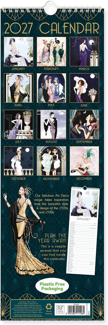 Claire Coxon Art Deco 2027 Slim Wall Calendar | Monthly Planner with Vintage-Inspired Artwork & Hanging Loop