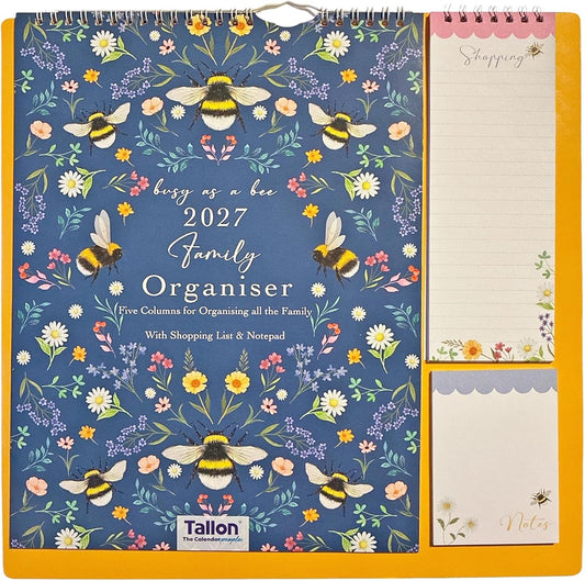 2027 Family Calendar 5 Column Organiser with Shopping List and Note Pad - Bees