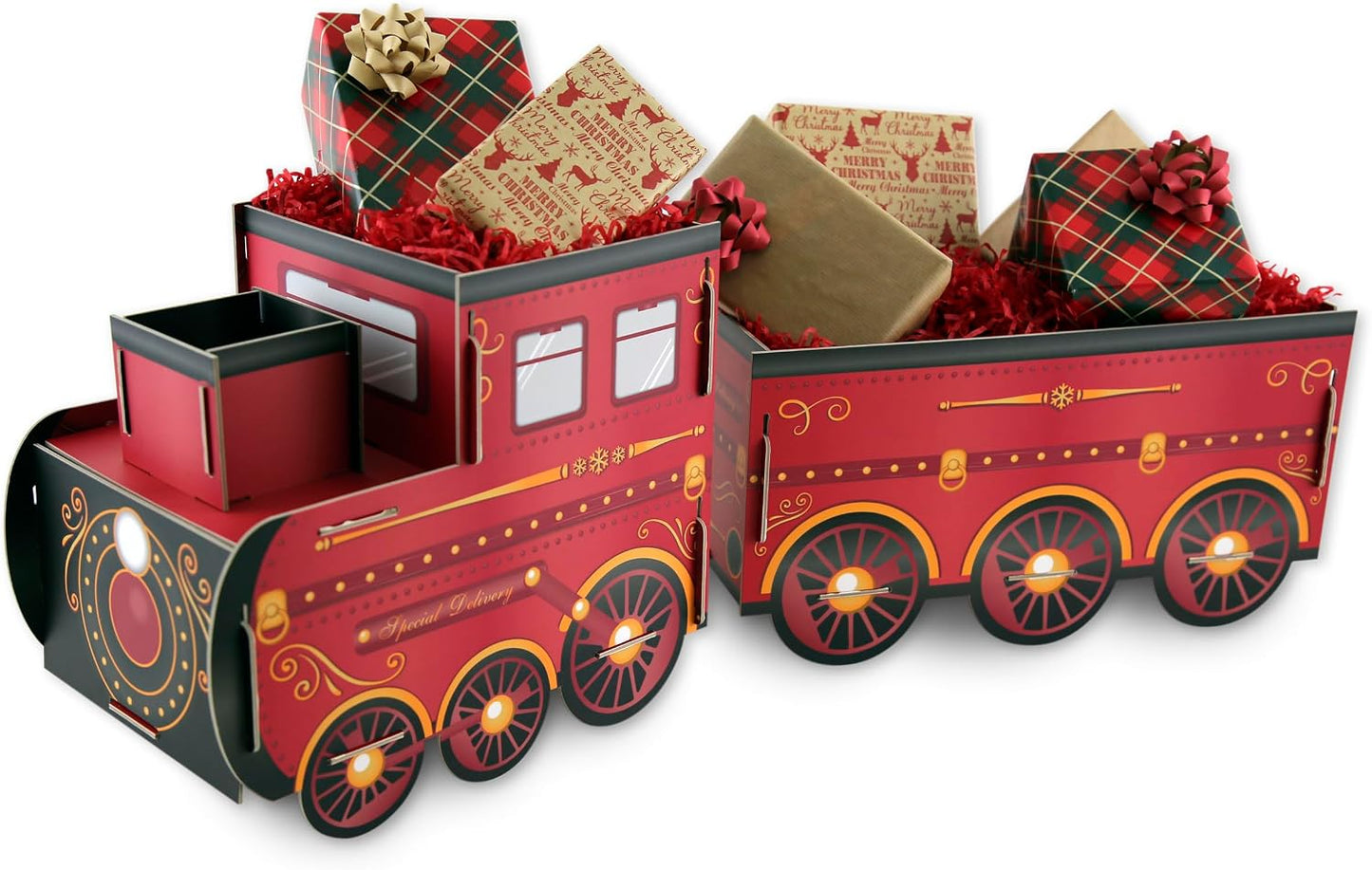 Eurowrap Train – Large 74cm Festive Red Gift Holder & Decorative Display Cardboard Train with Carriage