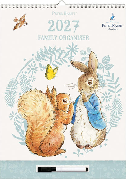 Peter Rabbit 2027 Family Organiser Wall Calendar | Large 4-Column Monthly Planner with Wipe-Clean Notes Section, Pen & Hanging Loop | Beatrix Potter Design