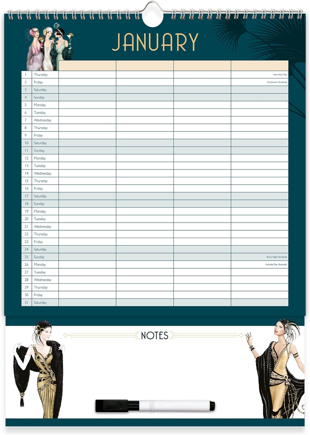 Claire Coxon Art Deco 2027 Family Organiser Wall Calendar | Large 4-Column Monthly Planner with Wipe-Clean Notes, Pen & Hanging Loop