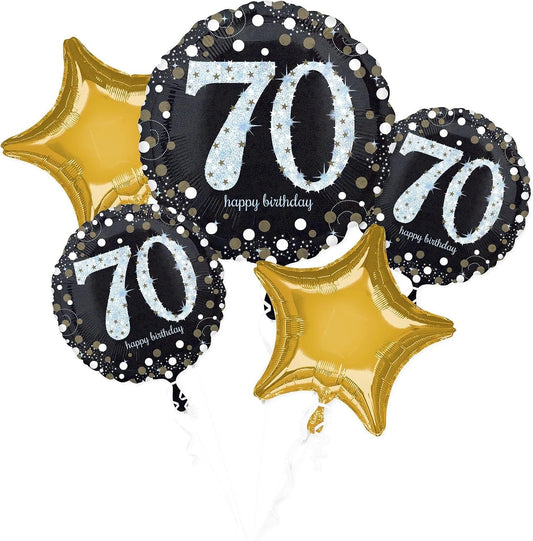 70th Birthday Glittery Gold 5 Foil Balloon Bouquets, Multicoloured