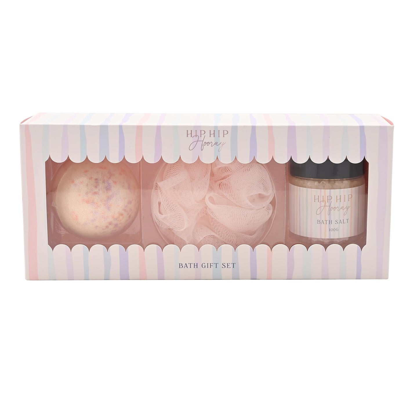 Celebration Bath Gift Set – Strawberry Bath Bomb, Bath Salts & Puff in Scalloped Gift Box – Relaxing Bath Gift Set for Women, Self Care Gift for Her, Pamper Present for Birthday or Celebration