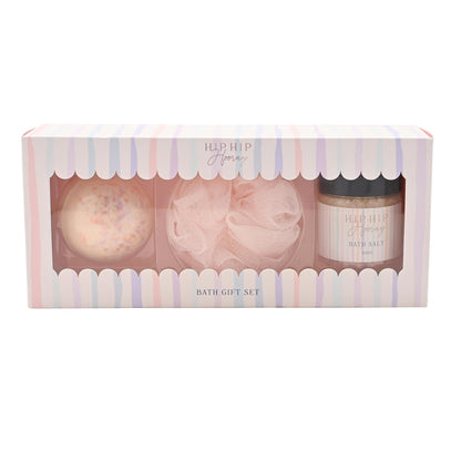 Celebration Bath Gift Set – Strawberry Bath Bomb, Bath Salts & Puff in Scalloped Gift Box – Relaxing Bath Gift Set for Women, Self Care Gift for Her, Pamper Present for Birthday or Celebration