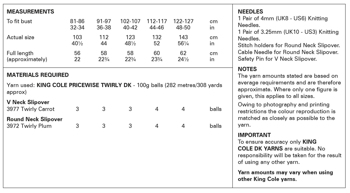 King Cole Women’s Knitting Pattern Double Knit Slipovers (6136), 32” – 50” (81cm – 127cm) Bust