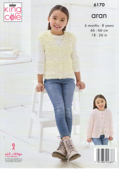 King Cole Kids Knitting Pattern Girls Sweater Cardigan & Waistcoat (6170)