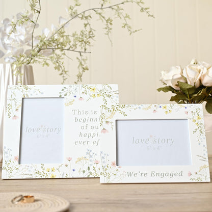 Love Story Wildflower Photo Frame 4" x 6" – Happily Ever After | Freestanding Floral Picture Frame with Romantic Quote | Gift for Engagement, Wedding, or Anniversary