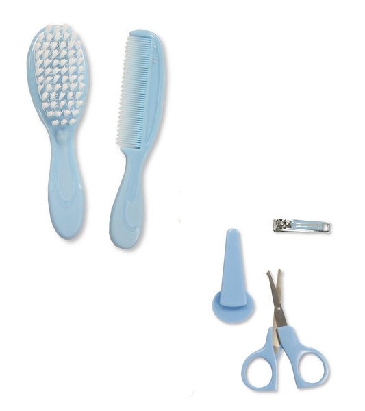 Babies 4 Piece Brush, Comb, Nail Clippers & Scissors Manicure Grooming Set - Blue