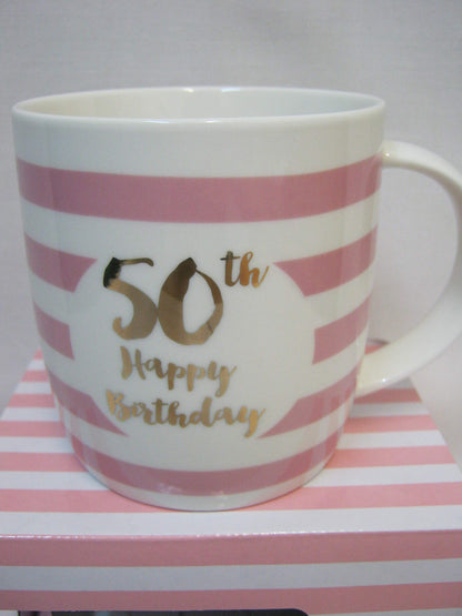 50th Happy Birthday Mug Pink Striped