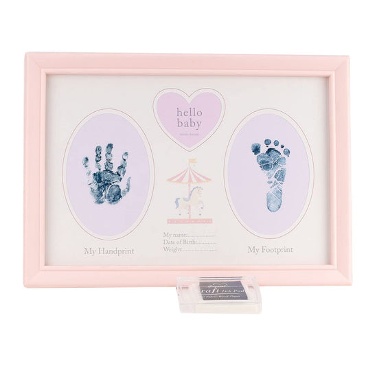 Baby Hand/Footprint Photo Frame Keepsake with Ink Pad - Pink Carousel