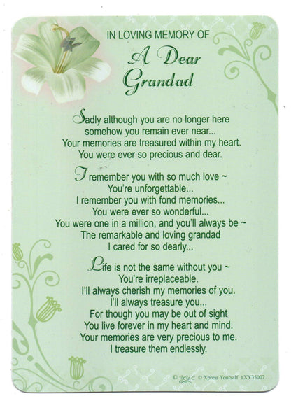 In Loving Memory Of A Dear Grandad. Graveside Memory Card. Memory Card