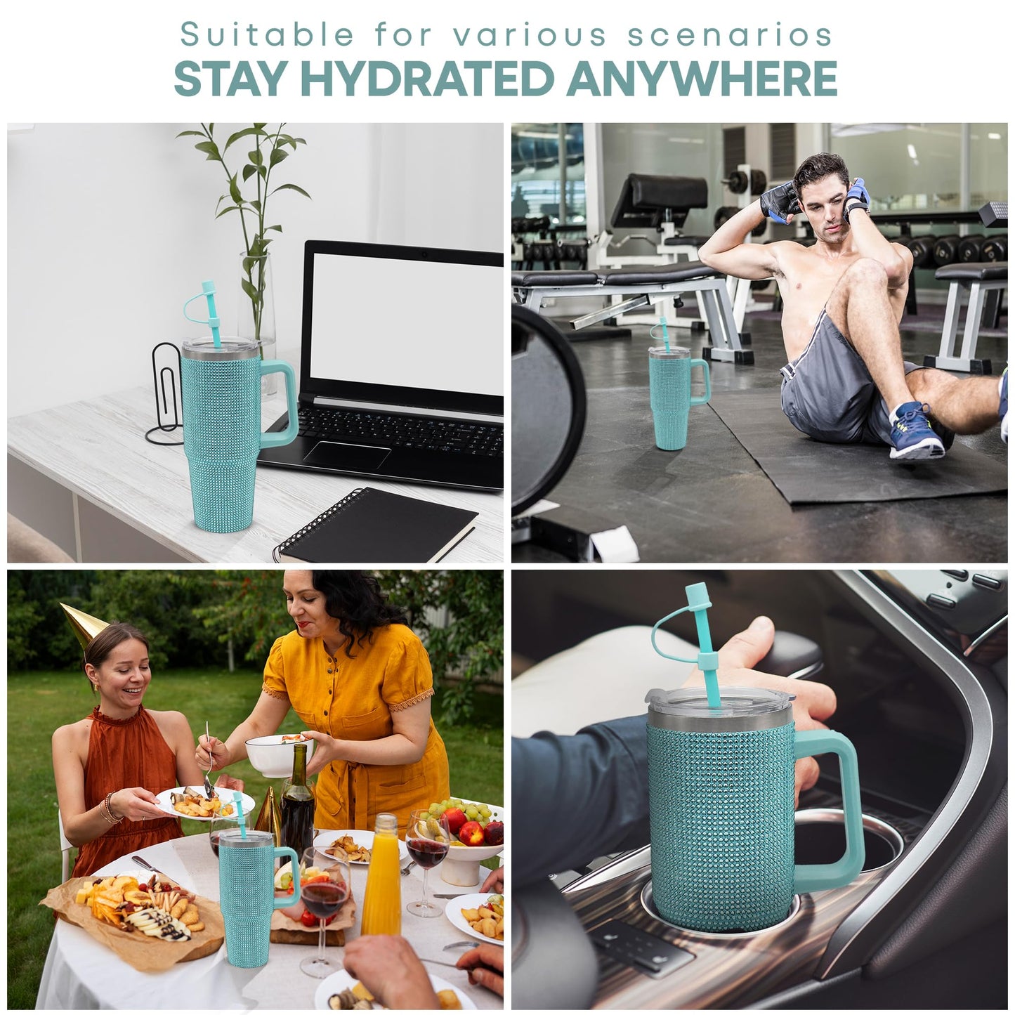 Lesser & Pavey Thirsteez Teal Diamante Drinks Cup for Hot Or Cold Drinks | Large Thermal Travel Mug with Lid & Straw for Office, Gym, Home Or Travel | Insulated Tumbler Coffee Cups for Daily Use