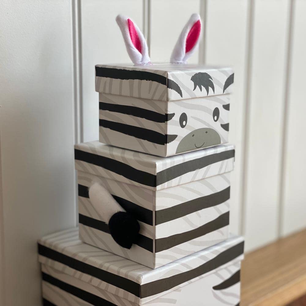 Luck and Luck Stackable Zebra Animal Gift Boxes, Childrens Nested Box, Zebra Gift Box, 3 Tier Nest Stacking Box, Kids Novelty Birthday Gift Box