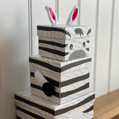Luck and Luck Stackable Zebra Animal Gift Boxes, Childrens Nested Box, Zebra Gift Box, 3 Tier Nest Stacking Box, Kids Novelty Birthday Gift Box