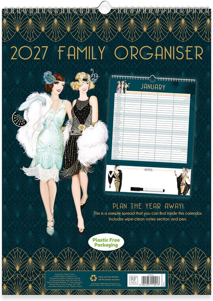 Claire Coxon Art Deco 2027 Family Organiser Wall Calendar | Large 4-Column Monthly Planner with Wipe-Clean Notes, Pen & Hanging Loop