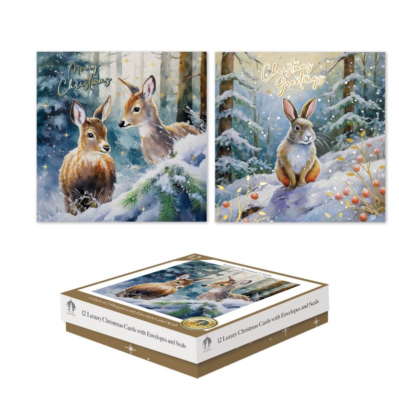 12 Luxury Cards XMAS Square Box Woodland