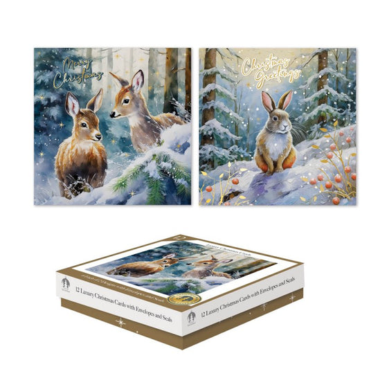 12 Luxury Cards XMAS Square Box Woodland