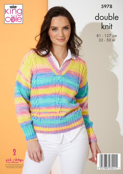 King Cole Ladies DK Knitting Pattern V Neck Cable Knit Sweater & Top (5978)