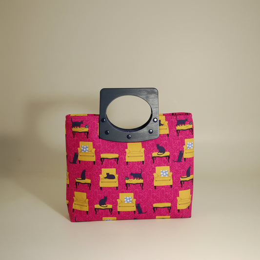 Knitting/Craft Bag with double handles - shopping style bag. Pink background fabric showing cats on chairs