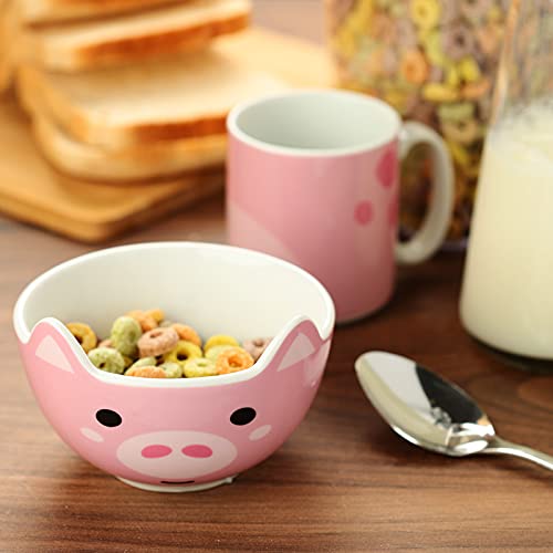 Puckator Porcelain Pig Children's 2 Piece Mug & Bowl, Breakfast Lunch Dinner Set, Home Kitchen, Multicolour, Bowl 300ml 8x11x11cm Mug 200ml 7.5x9.5x6.5cm, Food Dishwasher & Microwave Safe