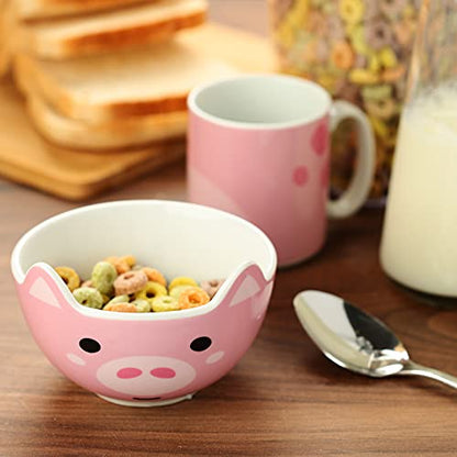 Puckator Porcelain Pig Children's 2 Piece Mug & Bowl, Breakfast Lunch Dinner Set, Home Kitchen, Multicolour, Bowl 300ml 8x11x11cm Mug 200ml 7.5x9.5x6.5cm, Food Dishwasher & Microwave Safe