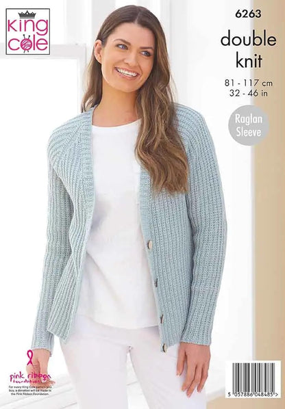 King Cole Ladies Double Knitting Pattern Womens Dropped Shoulder & Raglan Cardigan (6263)
