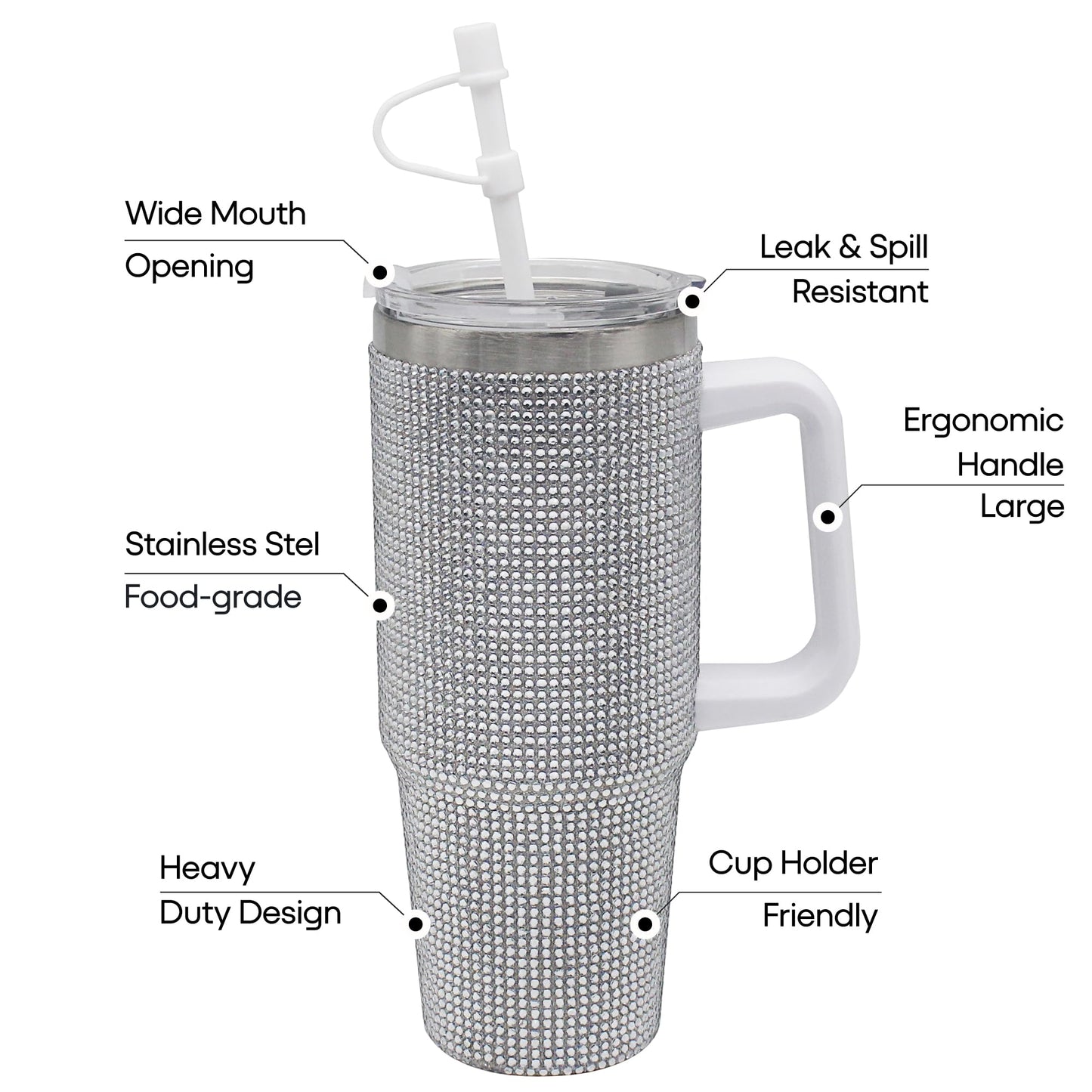 Lesser & Pavey Thirsteez Silver Diamante Drinks Cup for Hot Or Cold Drinks | Large Thermal Travel Mug with Lid & Straw for Office, Gym, Home Or Travel | Insulated Tumbler Coffee Cups for Daily Use