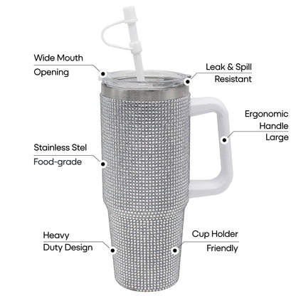 Lesser & Pavey Thirsteez Silver Diamante Drinks Cup for Hot Or Cold Drinks | Large Thermal Travel Mug with Lid & Straw for Office, Gym, Home Or Travel | Insulated Tumbler Coffee Cups for Daily Use