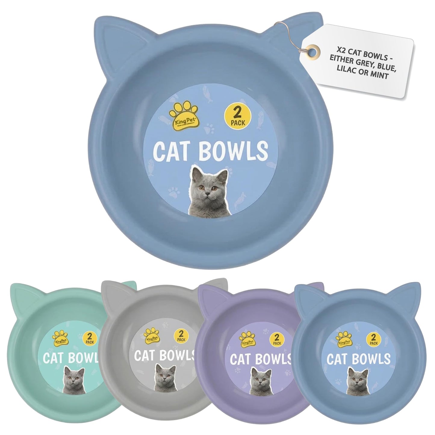 Cat Bowls 2 Pack, Shallow Feeding and Watering Bowl Set for Cats and Kittens, Embossed Face Pet Dishes, 11.5cm