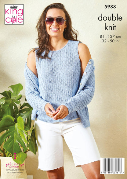 King Cole Ladies DK Knitting Pattern Lace Cardigan & Sleeveless Top (5988)